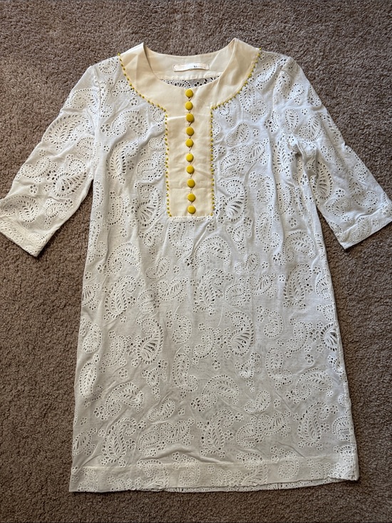 3.1 Dresses & Skirts - Cream Eyelet Tunic with Yellow Trim and Covered Buttons